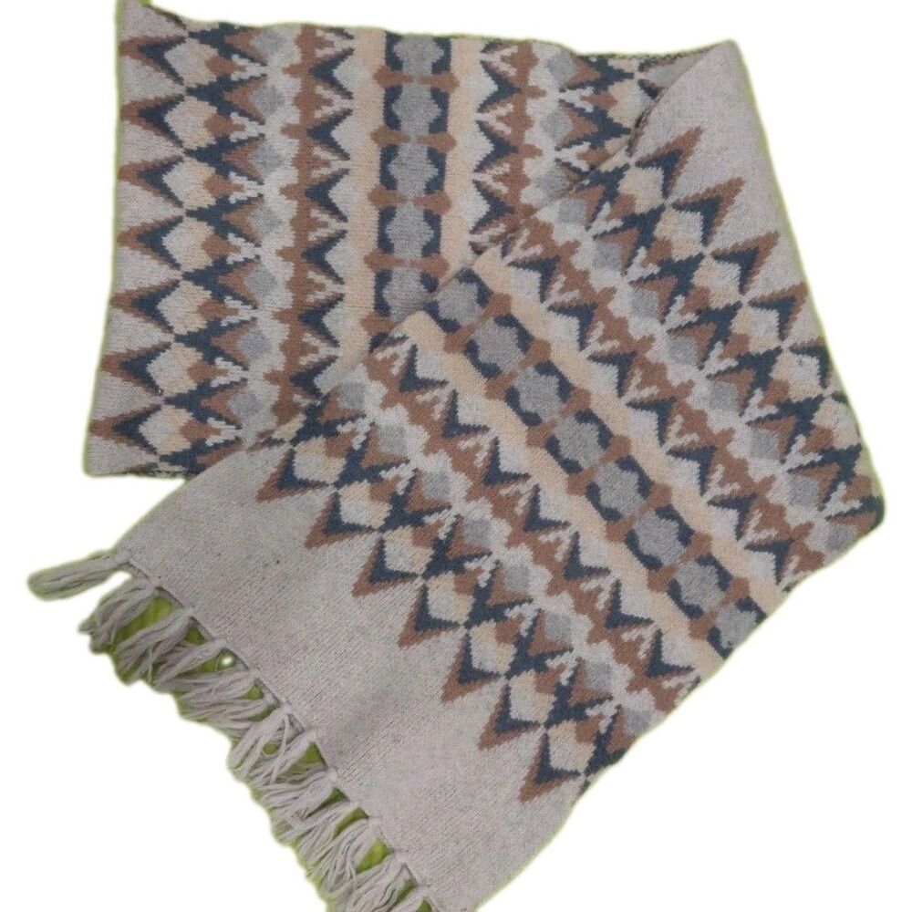 J Crew Wool Blend Gray Taupe Wide Scarf Fringe Trim 84x13 Soft Thick